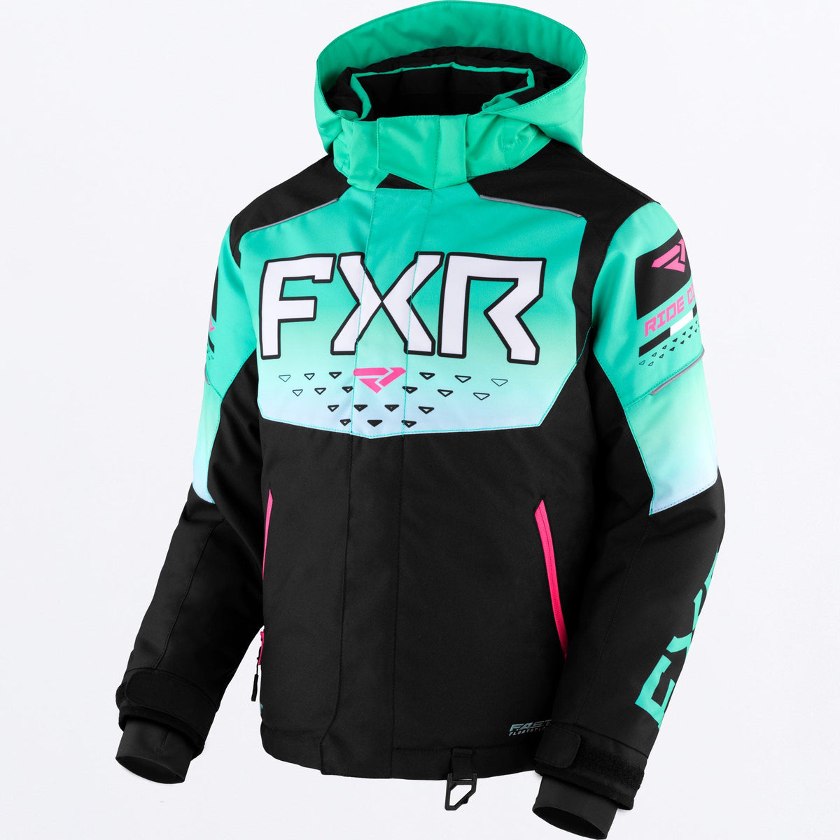 FXR Junior Helium Skoterjacka i svart/Mint Fade/E Pink